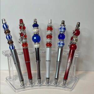 Elegant Beaded Pen Set - Red, Blue, Silver